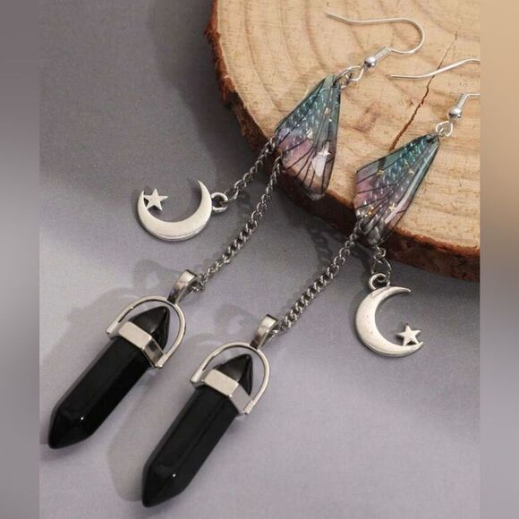 Cottagecore Earrings, Gothic Butterfly Wing, Crescent Moon, Star, Black Crystal - Picture 1 of 4